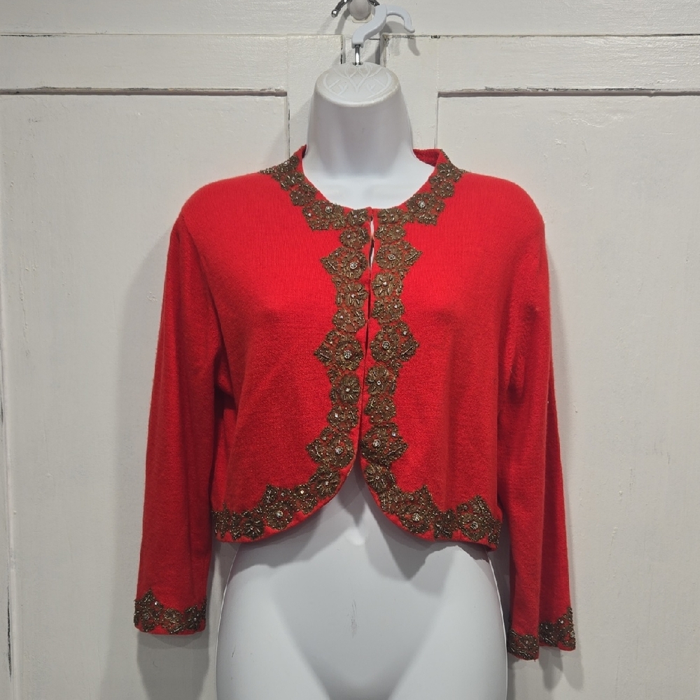 VINTAGE ELEANOR BEARDE HARDINSBURG, KG RED CARDIGAN SWEATER.  #7794
